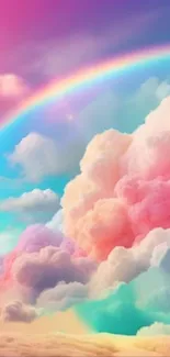 Vibrant wallpaper with pastel clouds and a rainbow, creating a dreamy atmosphere.