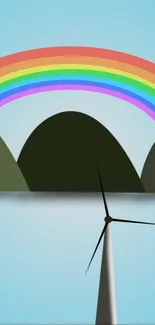 Rainbow and wind turbine against hills in bright scenery.