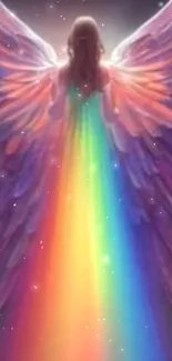 Ethereal angel with rainbow-colored wings on a mystical background.