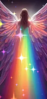 Ethereal wallpaper with angel wings in rainbow colors.