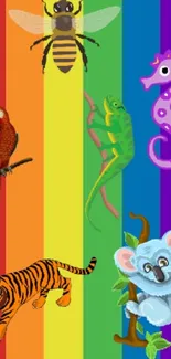 Colorful rainbow with animals like bee, parrot, and more on black background.