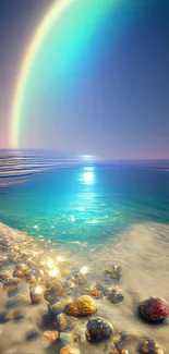 Magical rainbow arching over a peaceful beach scene in vibrant colors.