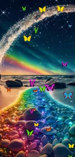 Rainbow-lit beach with colorful stones and sparkling night sky.