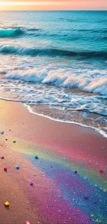 Colorful rainbow sunset on a tranquil beach with ocean waves.