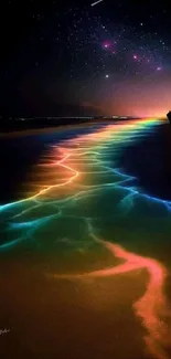 A beach with rainbow hues under a starry night sky.