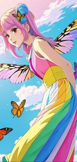 Digital art of a girl with butterfly wings and rainbow dress under a blue sky.