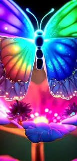 Vibrant rainbow butterfly on a colorful flower in fantasy art style.