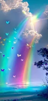 Colorful sky with rainbows and butterflies in a fantasy setting.