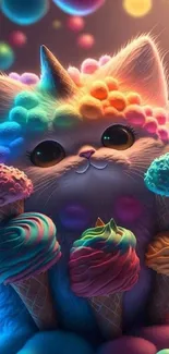 Colorful cat with ice creams and rainbow fur.