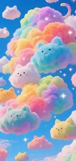 Colorful cat-shaped clouds in a blue sky.