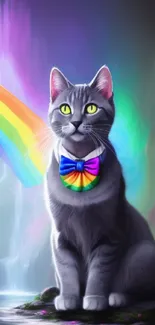 Gray cat with rainbow bowtie in a fantasy forest with vibrant colors and rainbow.