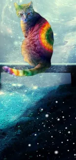 Rainbow-colored cat sitting on a bench against a starry night sky.