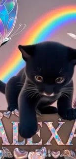 Black cat with a rainbow and butterfly in a fantasy scene wallpaper.