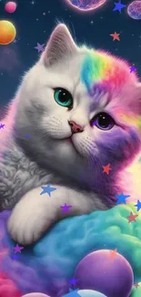 Rainbow-colored kitten in a galaxy background with cosmic elements.