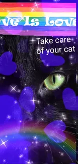 Black cat with a rainbow and stars mobile wallpaper.