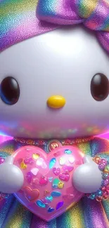 Adorable rainbow cat with a heart, vibrant mobile wallpaper.