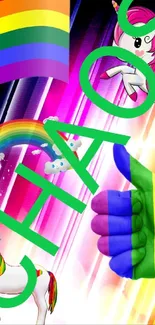 Colorful wallpaper with unicorns, rainbow, and CHAOS text.