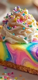 A colorful rainbow cheesecake slice with whipped cream and sprinkles.