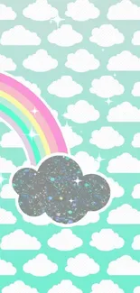 Mobile wallpaper featuring rainbow with clouds on teal background.