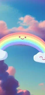 Cute rainbow with smiling clouds against a pastel sky.