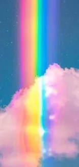 Colorful rainbow streaming through clouds against a blue sky in mobile wallpaper.