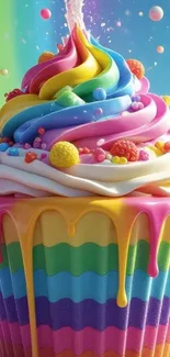 Colorful rainbow cupcake with vibrant icing.