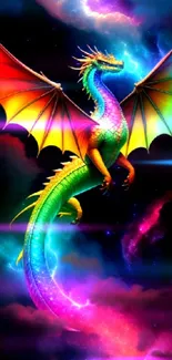 Colorful rainbow dragon flying in a cosmic backdrop with vibrant hues.