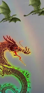 Colorful dragon and rainbow with flying dragons on a gray background.