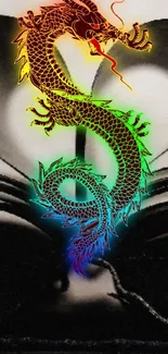 Colorful dragon over black and white background.