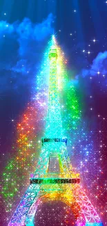 Vibrant rainbow Eiffel Tower with a fantasy background.