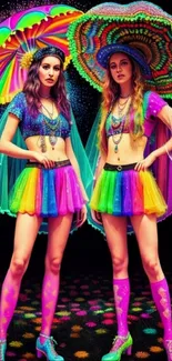 Two models in rainbow outfits with colorful umbrellas on a vivid background.