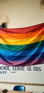 Rainbow flag hanging in classroom.
