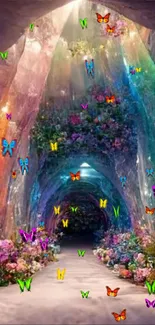 Colorful cave with flowers and rainbow light.