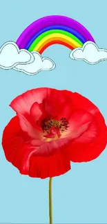 Red flower with rainbow and clouds on a blue background.