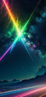 Vibrant rainbow galaxy night sky wallpaper for mobile device.