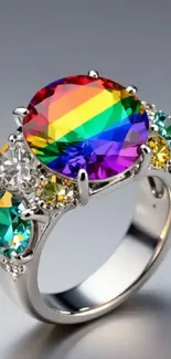 Colorful rainbow gemstone ring on display.