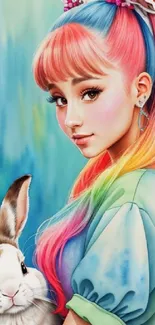 Girl with rainbow hair and bunny, colorful wallpaper.