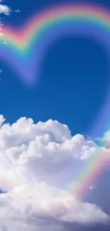 Rainbow heart in a bright blue sky with clouds mobile wallpaper.