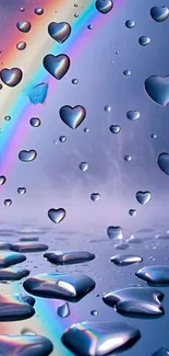 Heart-shaped raindrops with rainbow reflection.
