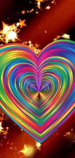 Vibrant rainbow heart with glowing stars on a mobile wallpaper.