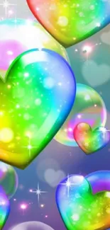 Vibrant rainbow hearts with sparkling bubbles.