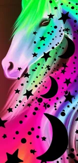 Vivid rainbow horse with celestial patterns on a pink gradient background.