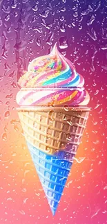 Colorful rainbow ice cream cone with gradient background.