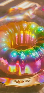 Colorful rainbow jelly dessert on a plate with prismatic reflections.