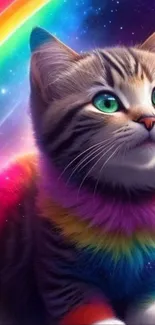 Fantasy art of a kitten with rainbow fur under a starry sky.