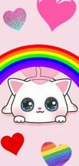 Cute cat with rainbow and hearts on a pink background.