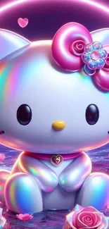 Colorful kitty with a pink bow and rainbow features, in neon light.