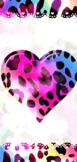 Colorful leopard print heart wallpaper with rainbow hues for mobile.