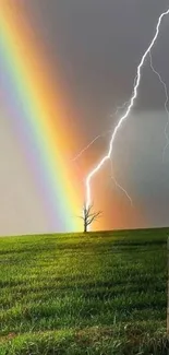 Dynamic wallpaper with rainbow and lightning over a tree in a grassy field.