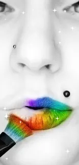 Grayscale portrait with rainbow-colored lips.